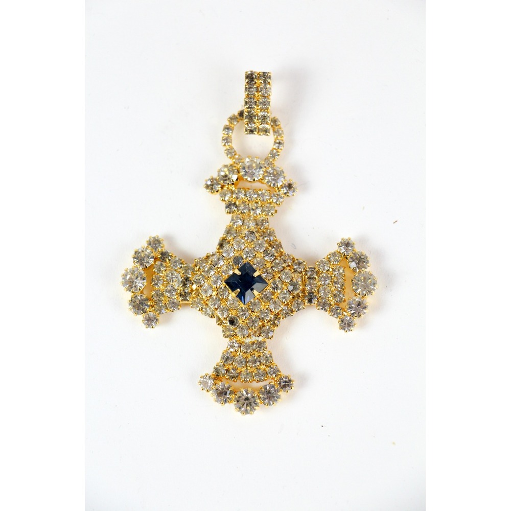 Vintage 1960s Dior Maltese Cross Pendant Gold Tone Crystal Rhinestone Byzantine